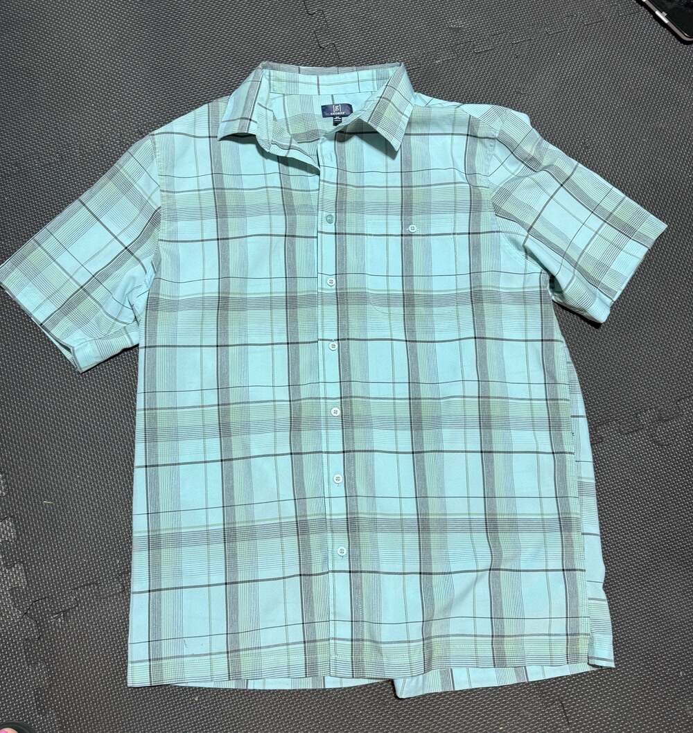 George Men's Short Sleeve Plaid Button-Down Shirt Aqua Green XLT